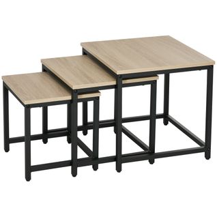 Set 3 Tables Gigognes 45x45x44 / 40x40x39,5 / 34x34x34,5 Cm, Plateau Bois Naturel, Pieds Acier
