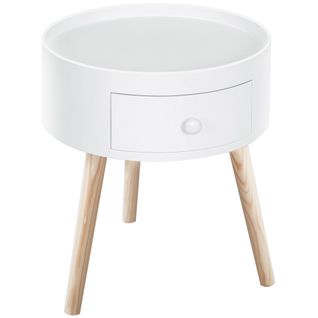 Table D'appoint Ronde 38x38x45 Cm Blanche En Bois, Tiroir Discret Et Style Scandinave Intemporel