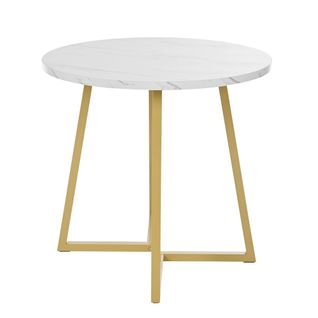 Table Ronde 80 Cm En Mdf Effet Marbre Blanc, Piètement Métal, Hauteur 75 Cm Contemporaine