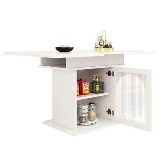 Table Extensible 110-140x80x76 Cm Blanche, 3 Étagères, Portes En Verre Irisé, Gain De Place