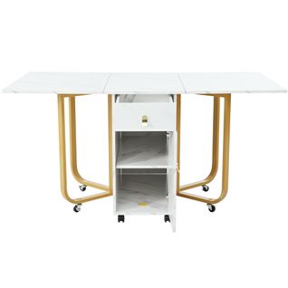 Table pliante blanche à 4 pieds, plateau MDF effet marbre, 2 tiroirs et grand rangement.