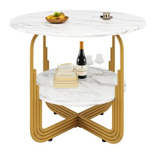 Table Ronde 80x80x76 Cm En Mdf Imitation Marbre, Piétement Doré Croisé Et Espace De Rangement