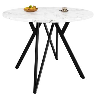 Table à manger 100×100×76 cm en MDF effet marbre noir, piétement métallique géométrique.
