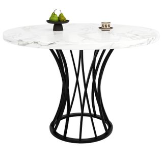 Table Carrée 80x80x76 Cm En Mdf Effet Marbre, Piètement Métal Noir, Design Élégant Et Pratique