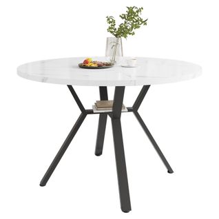 Table Ronde 100 Cm De Diamètre En Mdf Effet Marbre Blanc, Piétement Croisé Acier Noir
