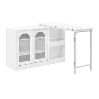 Table Bar Extensible 121,5×40×76,7 Cm Blanche - Portes Vitrées Cannelées à Arc Et Rangement