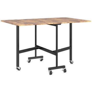 Table Pliante 120x80 Cm En Bois Brun Rustique, Extensible Jusqu'à 6 Personnes, Avec Roulettes