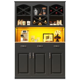 Buffet Haut 120x40x180 Cm En Mdf Noir Avec Éclairage LED Multicolore Pilotable Et Rangement