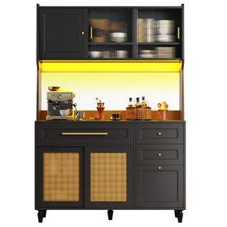 Buffet Haut 120x45x195,5 Cm En Pe-rattan Noir, LED Pilotable, 3 Tiroirs Et Vitrine