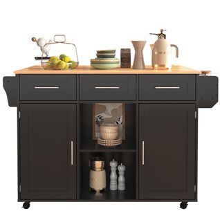 Desserte De Cuisine Noir/bois Naturel, Plateau Pliant, 3 Tiroirs, Étagères Réglables, Roulettes