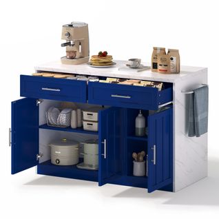 Îlot De Cuisine 120x60x91 Cm Bleu, Plan 2,4 Cm Effet Marbre, Bar 20 Cm, Prises Et USB Intégrés