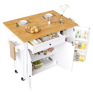 Îlot De Cuisine 99x70x90 Cm Blanc, Plan Rabattable, 5 Roulettes (2 Freinées) Et Grand Rangement