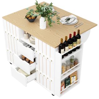 Îlot De Cuisine 110x42x90 Cm Blanc En Mdf, Table Rabattable + Rangement Pratique Sur Roulettes