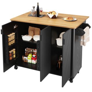 Îlot De Cuisine 130x45(75)x92 Cm Noir En Mdf — Plateau Rabattable, 3 Portes, Roulettes