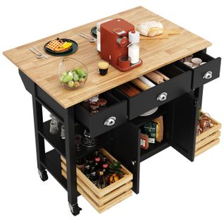 Îlot De Cuisine 120x45x90 Cm Noir/naturel, Côtés Rabattables Jusqu'à 73 Cm, Plateau Décor Bois