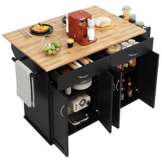 Îlot De Cuisine 106x50x90,5 Cm En Mdf Noir, Plateau Rabattable Extensible à 78 Cm Sur Roulettes