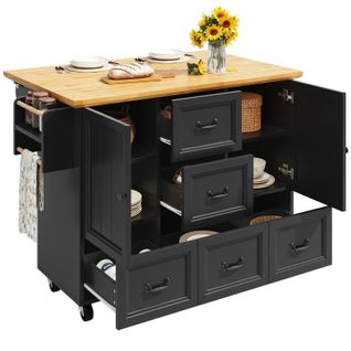 Îlot De Cuisine 120x73x92,5 Cm Pliable En Mdf Noir, Grand Rangement Avec Tiroirs Et Étagères