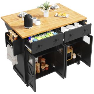 Îlot De Service 140x73x93,5 Cm (plié 140x45x93,5) Mdf Noir, Plateau Extensible Et 5 Roues