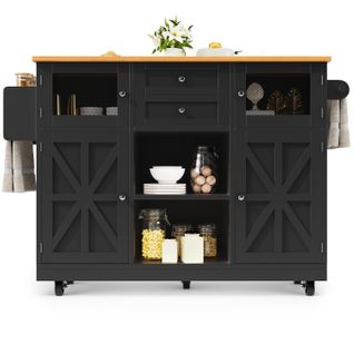 Îlot De Cuisine 140x70x93,5 Cm Mdf Noir, Plateau Bois, Rallonges Pliantes, Roulettes 360°