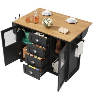 Îlot De Cuisine 137,9x73x92,5 Cm Noir En Mdf Et Métal, Plateau Rabattable Et Roulettes