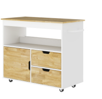 Desserte De Cuisine Avec Plan 100x50 Cm En Bois D'hévéa, Finition Chêne, Tiroirs Et Armoire