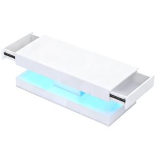 Table Basse 120x50x42 Cm En Laque Blanche, LED Réglable Amovible Et Deux Tiroirs Discrets