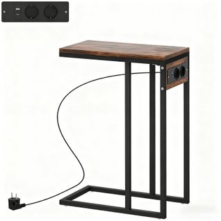 Lit Table D'appoint En C 46x25x62,5 Cm Effet Bois Brun, Acier Noir, Station De Charge USB