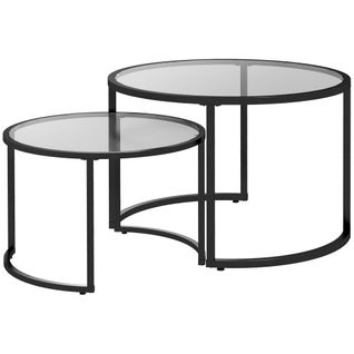 Set De 2 Tables D'appoint Rondes 70/54 Cm En Verre Trempé Et Acier Noir, Design Empilable