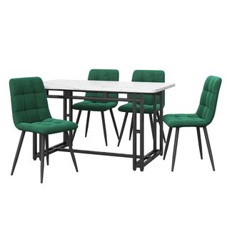 Set Table à Manger 120 Cm Avec 4 Chaises En Velours Vert Foncé Et Pieds Métal Noirs