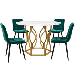 Ensemble Repas 5 Pièces : Table Ronde 100 Cm Motif Marbre (mdf) Et 4 Chaises Velours Vert