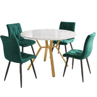 Lit Table Ronde 100 Cm En Mdf Effet Marbre, Pieds Métal Doré, 4 Chaises Velours Vert Moderne