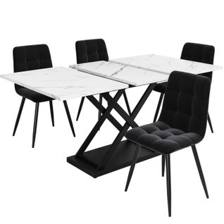 Ensemble Table Extensible 120-160x80x75 Cm Blanc Marbré Et 4 Chaises Velours Noir, Design