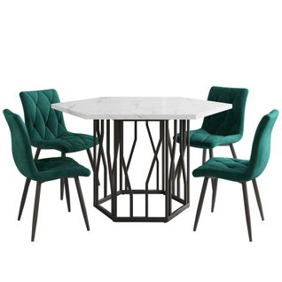 Ensemble Table Hexagonale 115,5x100 Cm + 4 Chaises Velours Vert, Piétement Acier Noir