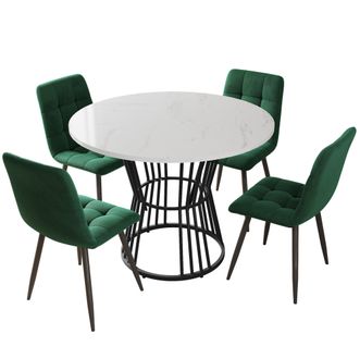 Ensemble Repas 5 Pièces – Table Ronde 100 Cm, Plateau Marbre, Chaises Velours Vert, Pieds Métal
