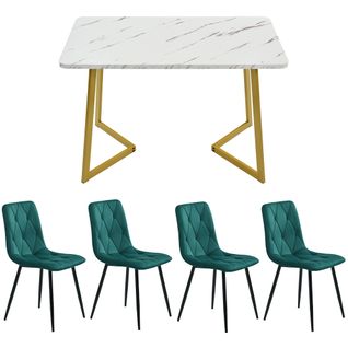Ensemble Table à Manger 117x68 Cm: Table Mdf Marbre + 4 Chaises Velours Vert, Pieds Métal Doré