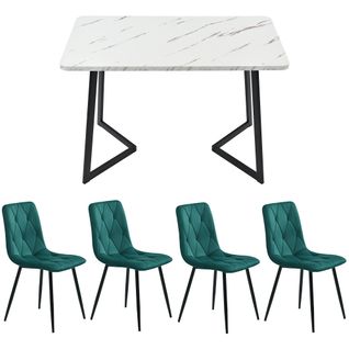 Ensemble Table 117x68 Cm + 4 Chaises Velours Vert, Plateau Mdf Effet Marbre, Pieds Métal Noirs