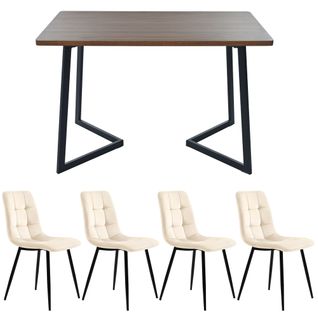 Ensemble Table 117x68 Cm Et 4 Chaises Velours Walnut, Plateau Mdf Noyer Et Pieds Métal Noirs