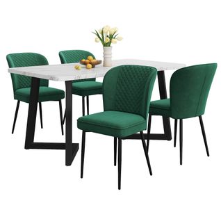 Ensemble Repas 117x68x75 Cm - Table Mdf Blanche Et 4 Chaises Velours Vertes, Pieds Métal Noirs