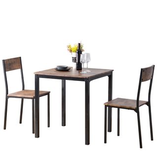 Ensemble table carrée 70x70 cm avec 2 chaises brun vintage, plateau MDF/PVC et piètement métal