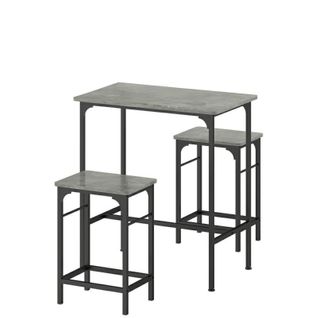 Table haute 80x50 cm avec 2 tabourets, plateau effet bois gris et structure acier noir