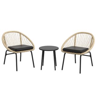 Salon de jardin 3 pièces en rotin jaune pour balcon : 2 fauteuils avec accoudoirs et table ronde40cm