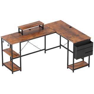 Bureau D'angle 168x120 Cm (ext. 240x48 Cm) En Bois Marron, Rangement Et Support Écran 42 Pouces