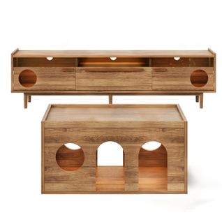 Meuble TV + Table Basse 2 Pièces 180x40x50 / 80x50x40 Cm Noyer, LED Et Niches Pour Chat