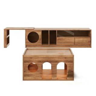 Meuble TV Modulable 180→260 X 40 X 50 Cm En Noyer, Tournant Et Aménagé Pour Chats