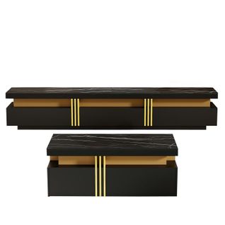 Ensemble Meuble TV 200x40x42 Cm Noir Et Table Basse 100x50x40 Cm, Plateau Effet Marbre Brillant