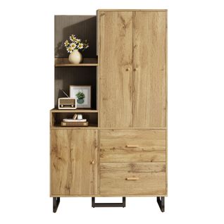 Armoire D'entrée Multifonction En Mdf Noir Et Naturel, Panneaux Tissu Rembourrés, Tiroirs
