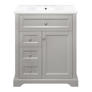 Meuble Salle De Bain 76x46x87 Cm Gris, Lavabo Céramique, Corps Hydrofuge Et Tiroirs Soft-close