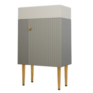 Meuble Vasque Compact Gris Et Blanc Avec Vasque Céramique Brillante, Panneau 3d Et Rangements