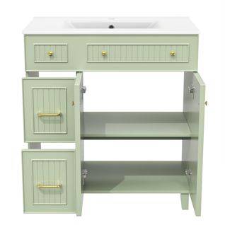 Meuble Vasque En Mdf Laqué Vert, Vasque Céramique Intégrée, 1 Porte Et 2 Tiroirs, Pieds Pin