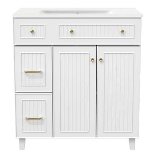 Meuble Sous-lavabo 81,7 Cm Avec Vasque Céramique Blanche, Corps Mdf Laqué Et Pieds Bois Massif